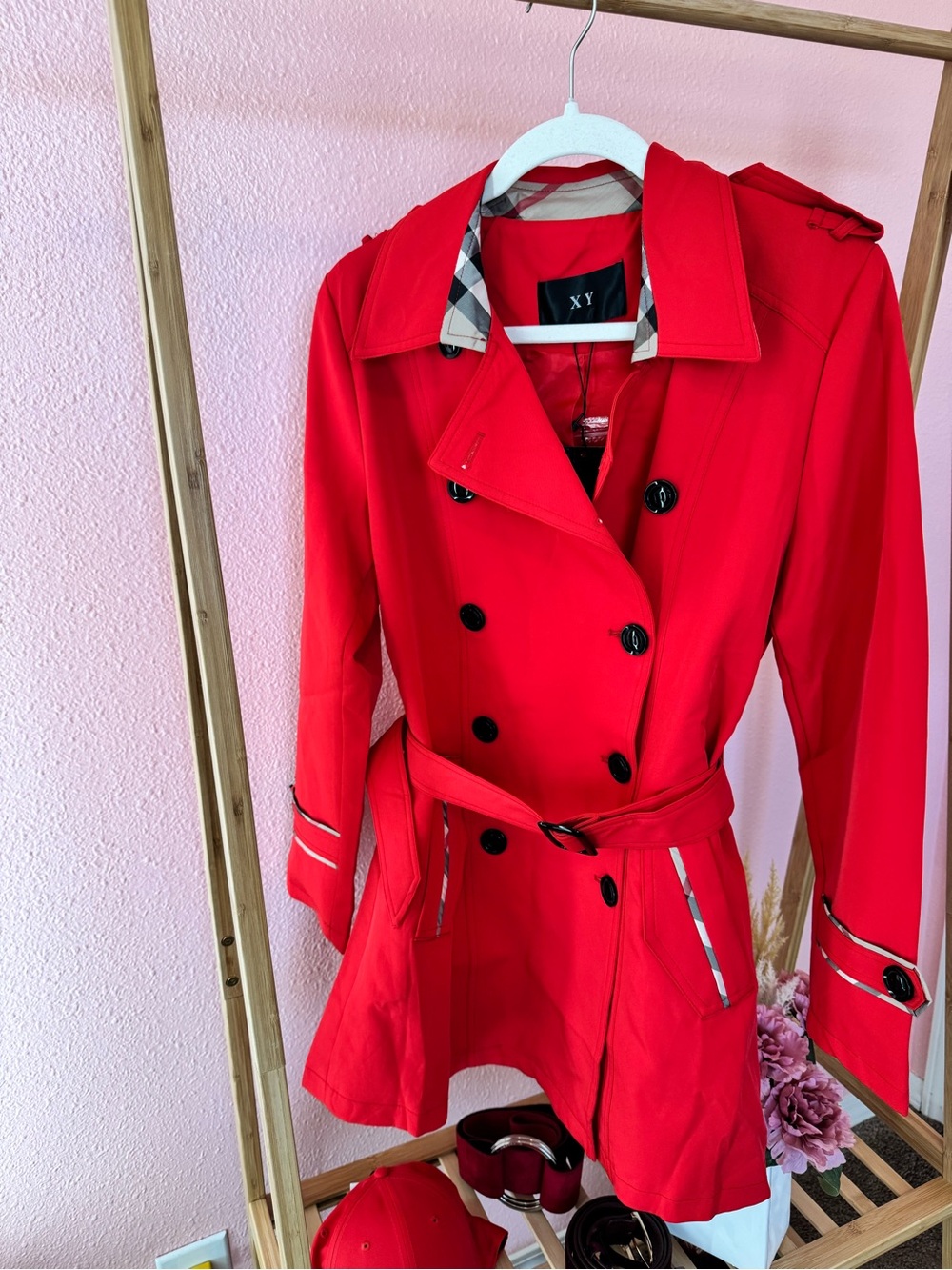 Women's Red Double-Breasted Trench Coat with Belt